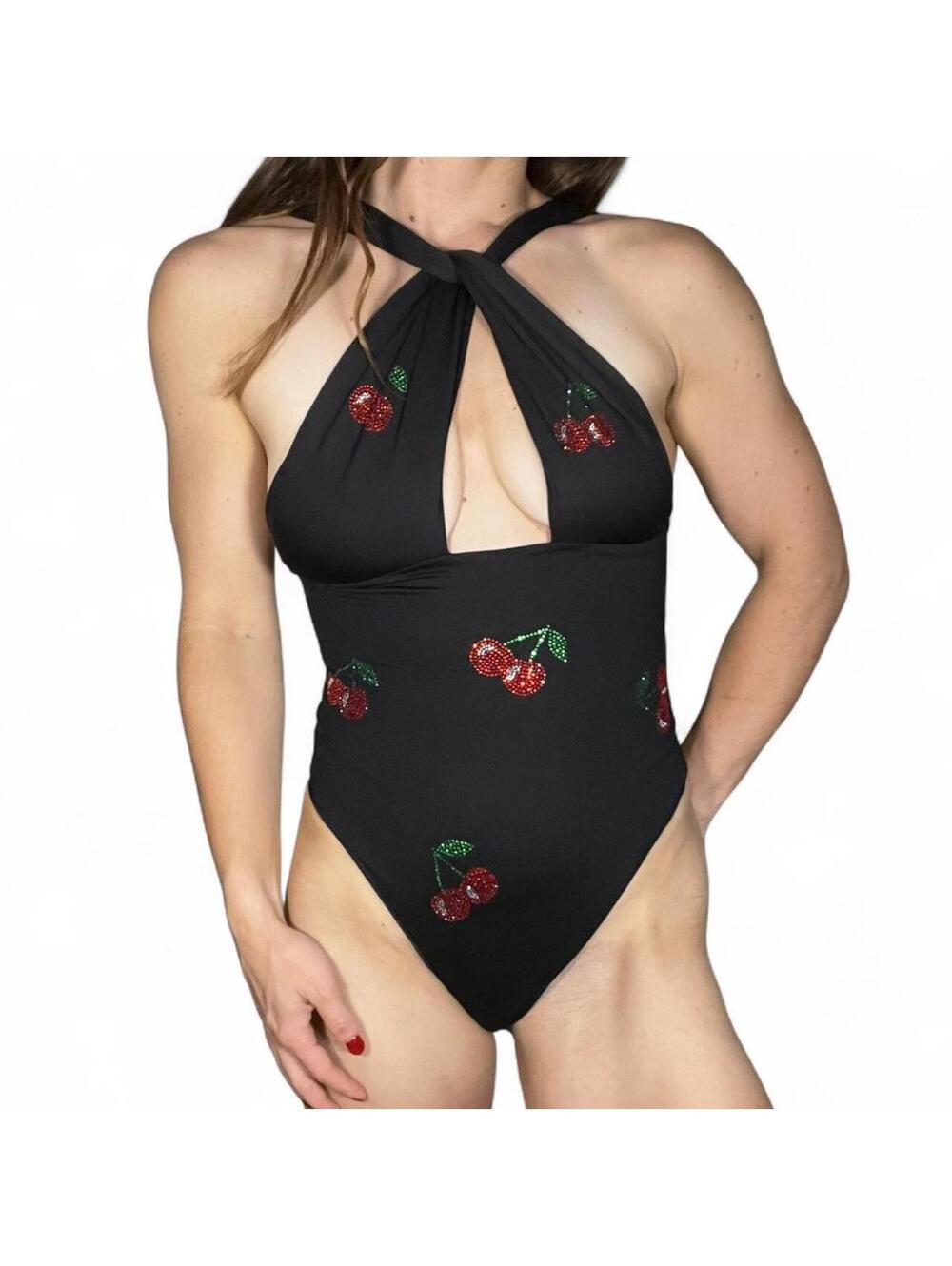 DES PHEMMES Cherry Embroidered Cutout One Piece Swimsuit One Size